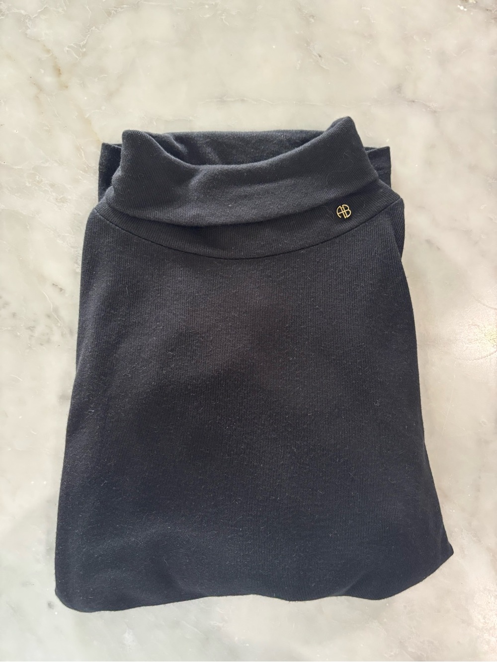 Anine Bing Black Lia Turtleneck Sweater Gold Logo Pin Cashmere Blend Large